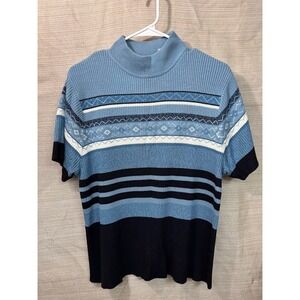Studio Works Womens XL Blue Fair Isle Striped Ribbed Mock Neck Short Sleeve Top